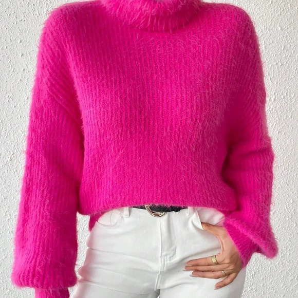 Hot Pink Casual Women's Turtleneck Drop Shoulder Fuzzy Sweater - Picture 5 of 6